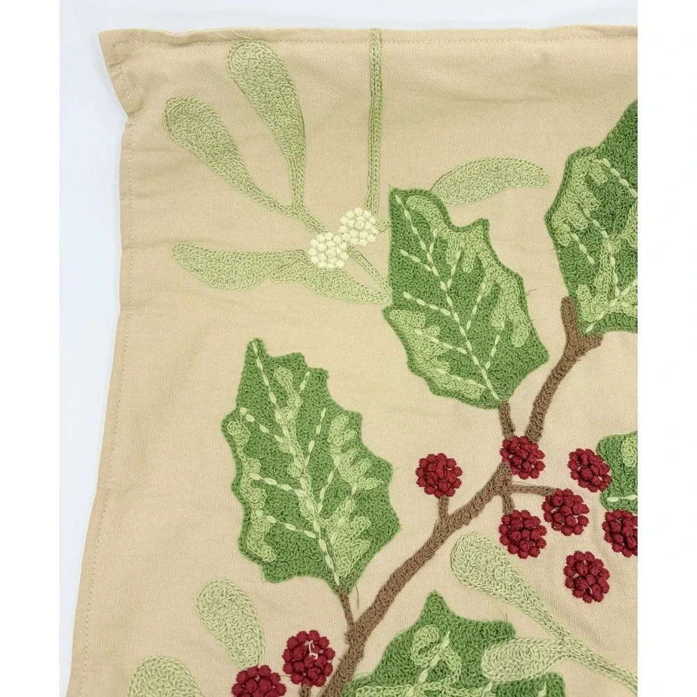 Pier 1 Throw Pillow Cover Christmas Holiday Embroidered Holly Berries Mistletoe
